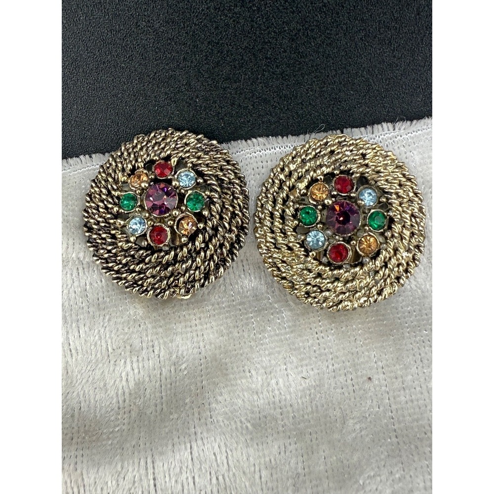Vintage Judy Lee Clip On Earrings Fruit‎ Salad Rhinestone Gold Tone
